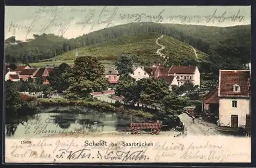 AK Scheidt bei Saarbrücken, Teilansicht mit Gasthaus und Strassenpartie