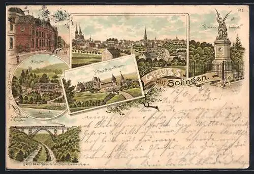 Lithographie Solingen, Generalansicht der Stadt, die Post, Blick auf Münsgen, an der Eisenbahnbrücke