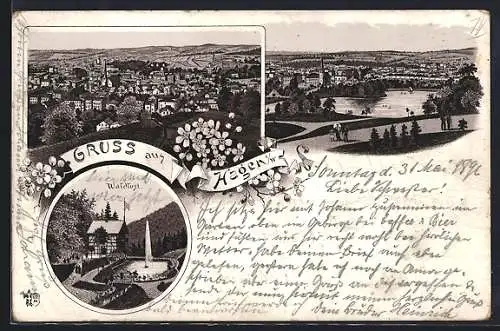 Lithographie Hagen i. W., Totalansicht, Waldlust