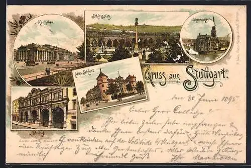 Vorläufer-Lithographie Stuttgart, 1895, Altes Schloss, Schlossplatz, Bahnhof