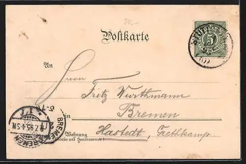 Vorläufer-Lithographie Stuttgart, 1895, Altes Schloss, Schlossplatz, Bahnhof
