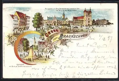 Lithographie Braunschweig, Burg Dankwarderode, Löwensäule, Dom und Wilhelmsplatz, Demmersches Haus im Sack