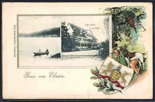 Passepartout-Lithographie Ebnisee, Hotel Ebnisee v. A. Ellinger, Wappen