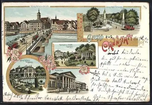 Lithographie Cannstatt, Kursaal & Städtisches Kurhaus, Königliches Schloss Wilhelma, König Karl-Brücke mit Strassenbahn