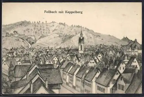 Künstler-AK Fellbach, Teilansicht mit Strassenpartie und Kappelberg