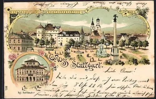 Lithographie Stuttgart, Kgl. Hoftheater, Schlossplatz mit Jubiläumssäule