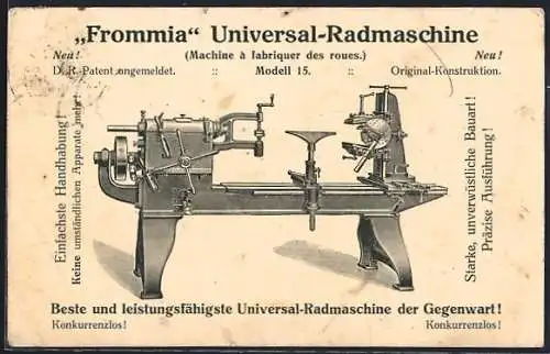 Künstler-AK Cannstatt, Maschinenfabrik Fromm, Frommia Universal-Radmaschine