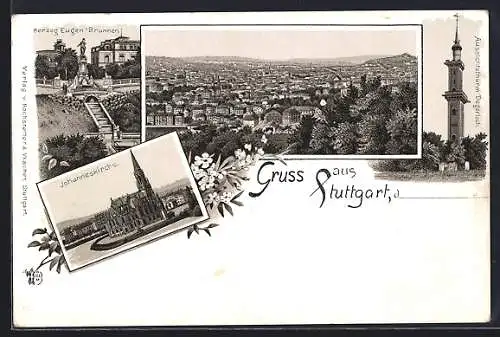 Lithographie Stuttgart, Johanneskirche, Herzog Eugen-Brunnen, Aussichtsturm Degerloch
