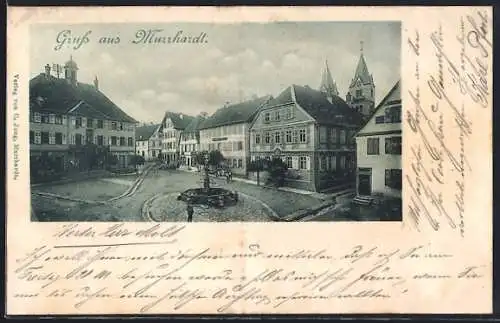 AK Murrhardt, Strassenpartie mit Geschäften und Brunnen