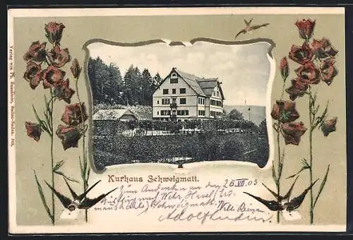 Lithographie Schweigmatt, Kurhaus mit Strassenpartie, Glockenblumen, Passepartout