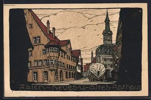 Steindruck-AK Aalen, Neues und altes Rathaus