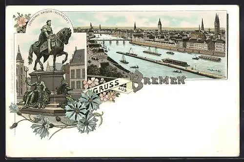 Lithographie Bremen, Ortsansicht, Denkmal Kaiser Wilhelm I.
