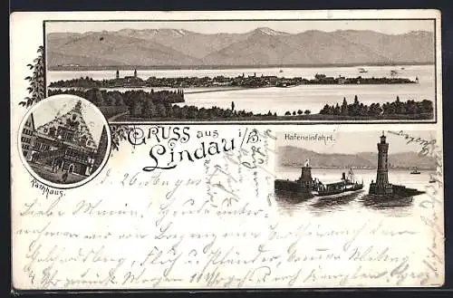 Lithographie Lindau i. B., Teilansicht, Rathaus, Hafeneinfahrt