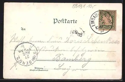 Lithographie Lindau i. B., Teilansicht, Rathaus, Hafeneinfahrt