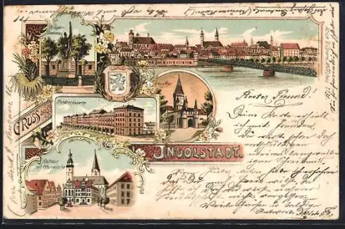 Lithographie Ingolstadt, Kriegerdenkmal, Kreuzthor, Friedenskaserne, Rathaus und Pfarrkirche