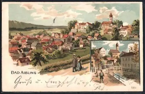 Lithographie Bad Aibling, Totalansicht, Partie im Ort