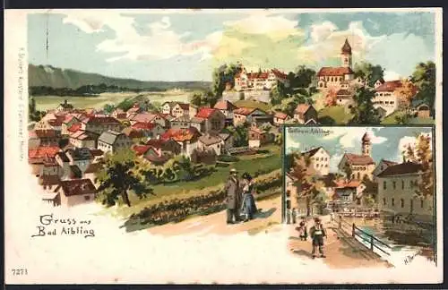Lithographie Bad Aibling, Teilansicht, Ortspartie