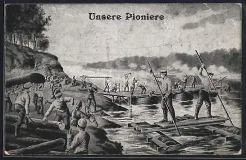 AK Unsere Pioniere beim Brückenbau