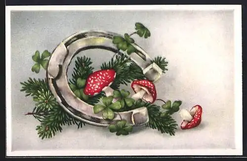 AK Fliegenpilze mit Kleeblättern in einem Hufeisen