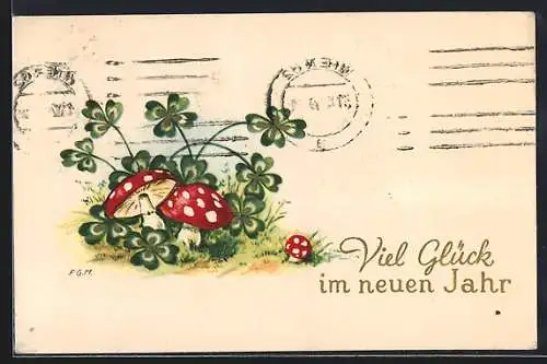 AK Fliegenpilze mit Kleeblättern, Neujahrsgruss