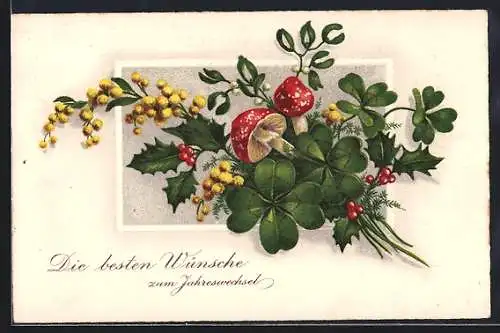 AK Fliegenpilze mit Zweigen und Kleeblättern, Neujahrsgruss