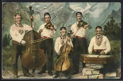 AK Streichmusiker mit Geige, Zither und Kontrabass