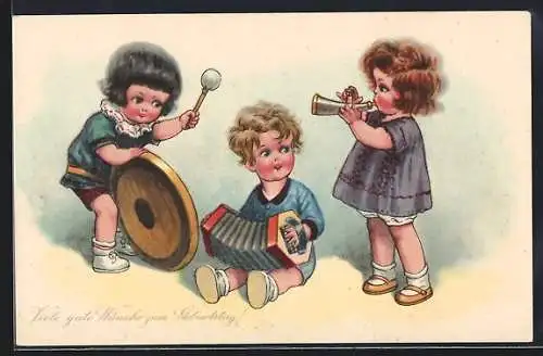 AK Kinder spielen Ziehharmonika, Pauke und Horn, Geburtstagsgruss