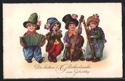 AK Kinder spielen Ziehharmonika, Flöte und Cello, Geburtstagsgruss