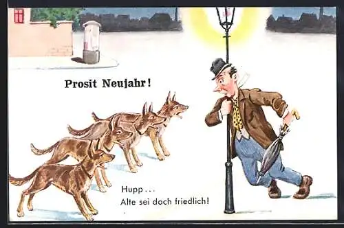 Künstler-AK Betrunkener wird von Hunden angebellt, verwechselt sie mit seiner Frau, Trinkerhumor