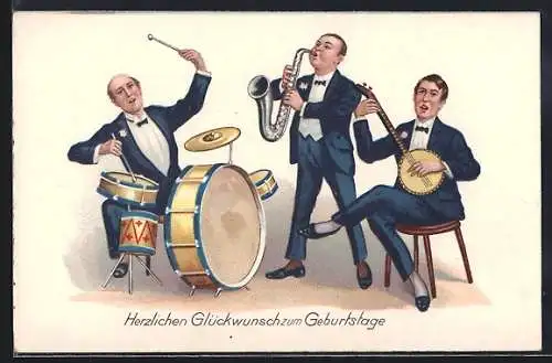 AK Musiker mit Gitarre, Saxophon und Schlagzeug, Geburtstagsgruss
