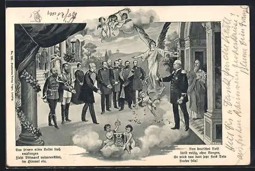 AK Bismarck wird im Himmel von Kaiser Wilhelm I. empfangen, Engel