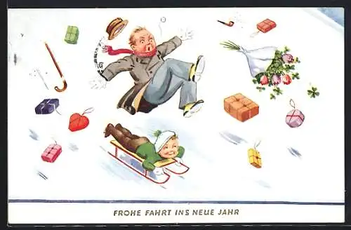 AK Mann stolpert über Jungen mit Schlitten, Neujahrsgruss