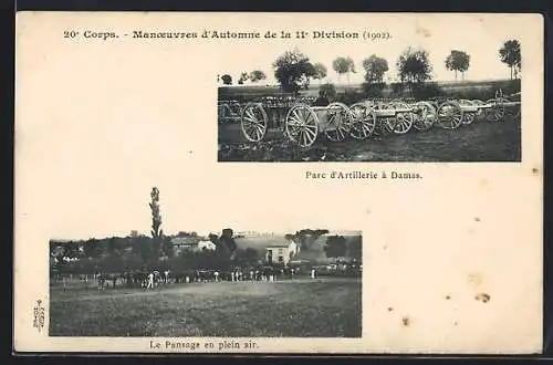 AK Damas, Parc d`Artillerie, Le Pansage en plein air, 20e Corps, Manoeuvres d`Automne de la 11e Division 1902