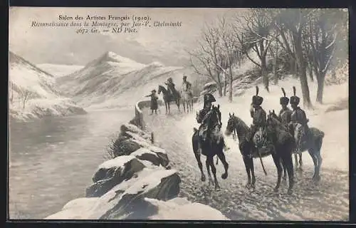 AK Reconnaissance dans la Montagne, Salon des Artistes Francais 1910, Soldaten der Kavallerie zu Pferde