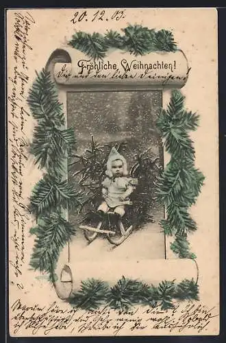AK Kind mit Tannenbaum auf Schlitten bei Schneefall, Weihnachtsgruss