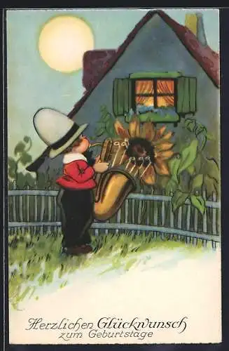 AK Kleiner Junge mit Tuba vor dem Haus, Geburtstagsgruss