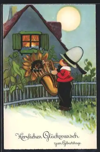 AK Kleiner Junge mit Tuba vor dem Haus, Geburtstagsgruss