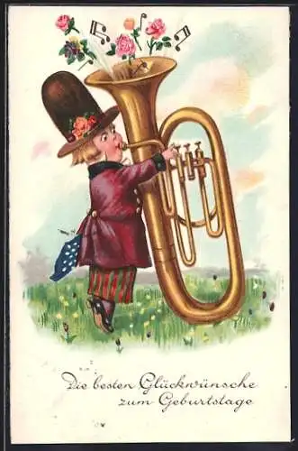 AK Frau spielt auf Blumenwiese Tuba, Geburtstagsgruss