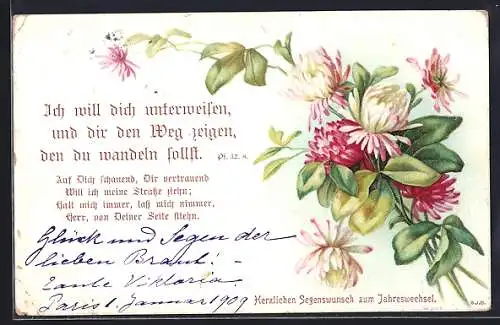 AK Crysanthemen, Ich will dich unterweisen..., Ps. 32.8, Sinnspruch, Neujahrsgruss