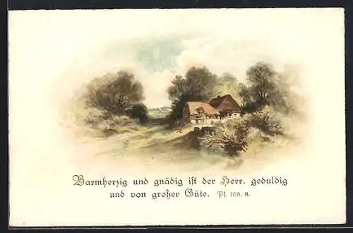 AK Haus in einer Landschaft, Barmherzig und gnädig ist der Herr..., Ps. 103.8, Sinnspruch, Religion