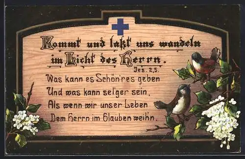 AK Vögel auf Blütenzweigen, Kommt und lasst uns wandeln im Licht des Herrn, Jes. 2.5, Sinnspruch