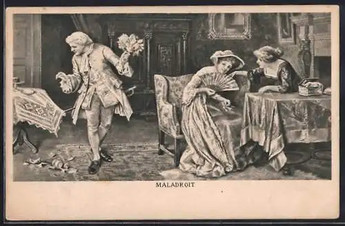 AK Maladroit, Frau mit Fächer am Tisch