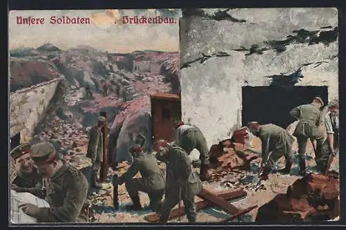 AK Pioniere in Uniform beim Brückenbau