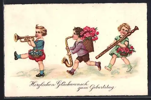 AK Kinder mit Blasinstrumenten, Geburtstagsgruss
