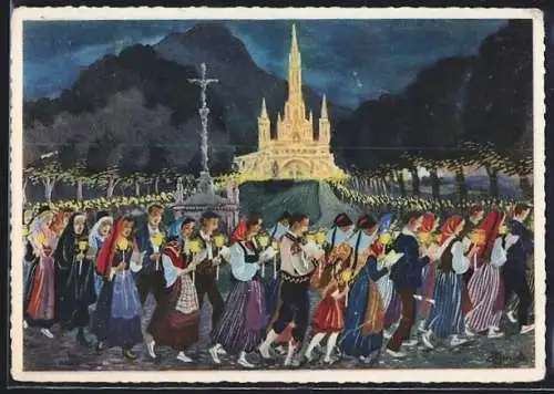 Künstler-AK Charles Homualk: Lourdes Procession de Nuit de Pyrénées, Prozession