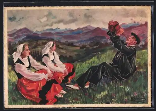 Künstler-AK Charles Homualk: Le Pays Basque, Basque buvant á la Gourde