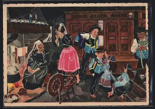 Künstler-AK Charles Homualk: Quimper (Finistère), Départ pour la Messe, Familie auf dem Weg zur Kirche