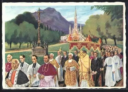 Künstler-AK Charles Homualk unsign.: Lourdes /Hautes-Pyrénées, Procession du Saint-Sacrement, La Basilique