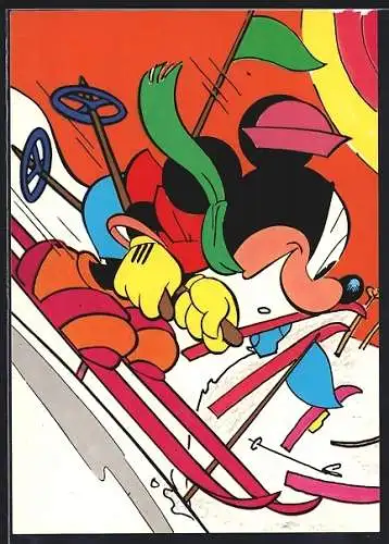 AK Mickey Mouse auf Skiern bei der Abfahrt, Comic von Walt Disney