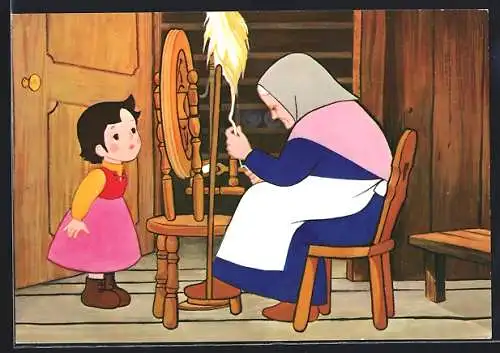 AK Heidi schaut alter Frau beim Spinnen zu, Comic